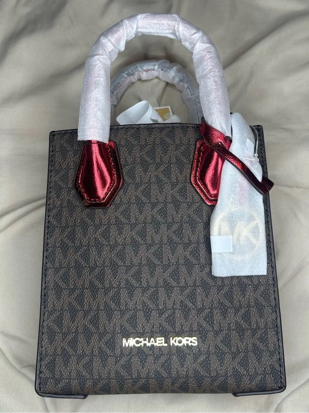 MICHAEL KORS Brown MK Logo Satchel with Red Accent Handles